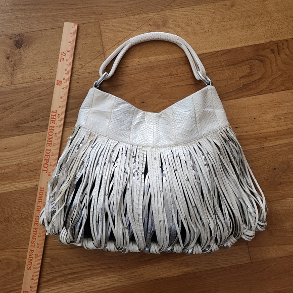 Katherine Kwei Eternity Knot Fringe Snakeskin Silver Handbag - Picture 2 of 12